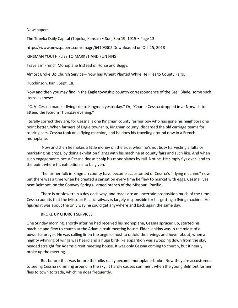 "Kingman Youth Flies To Market And To Fairs" - The Topeka Daily Capital newspaper article typed document 9/19/1915