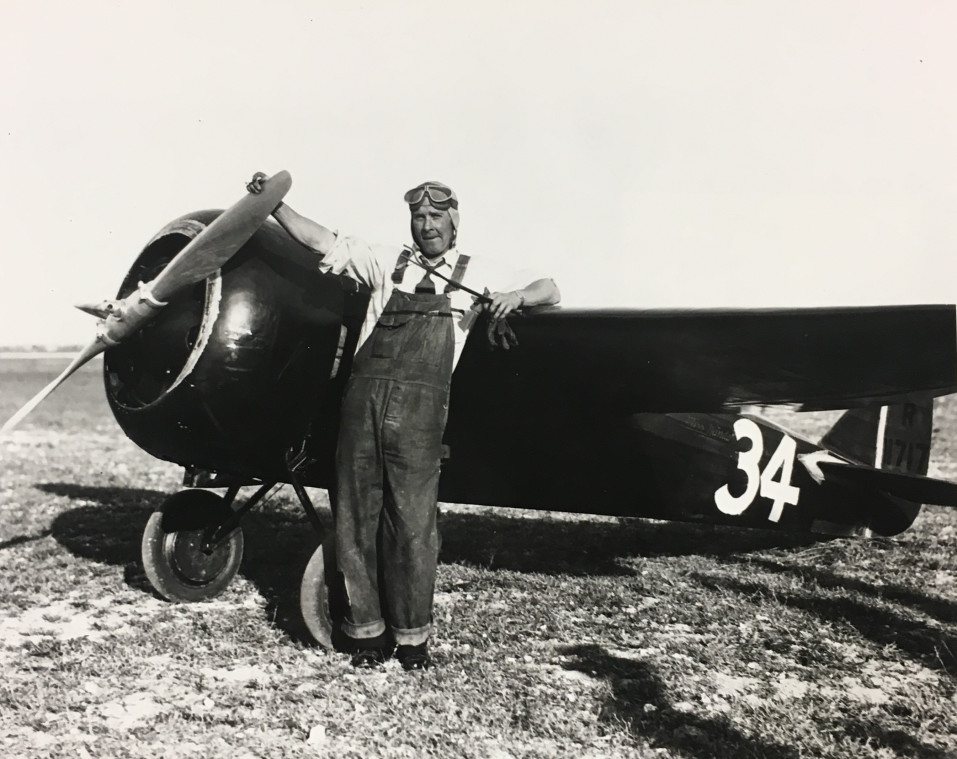 Race Pilot Roy Liggett stands with the CR2, "Miss Wanda" Race plane in 1933.  Courtesy of the Kansas Aviation Museum.