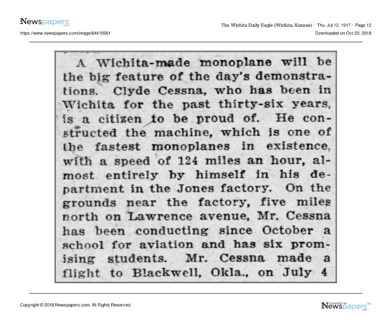 "The Comet and Flight School" - The Wichita Daily Eagle newpaper article 7/12/1917