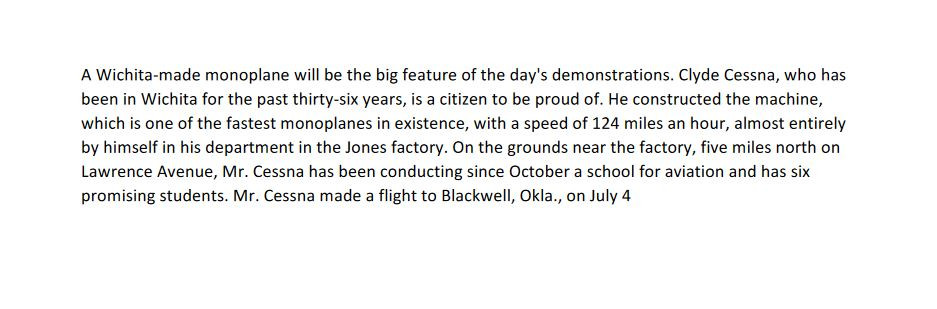 Comet and Flight School" - The Wichita Daily Eagle newpaper article typed document 7/12/1917