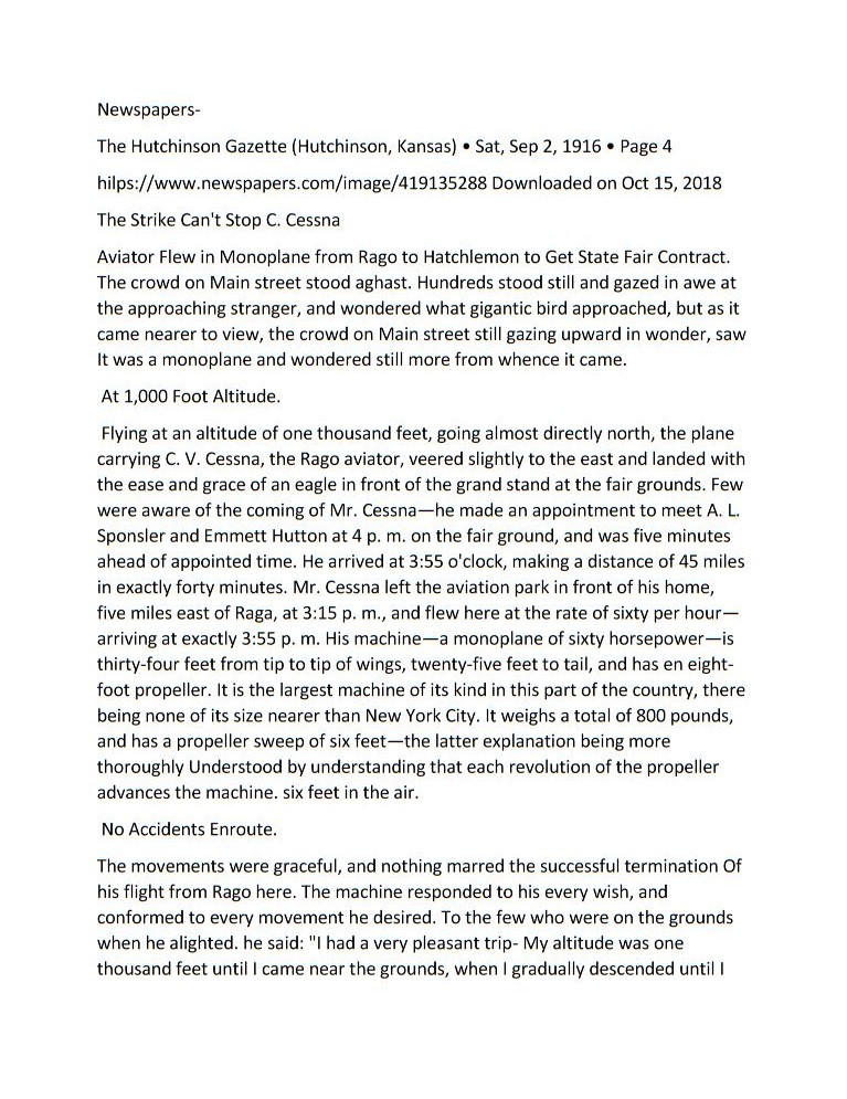 " The Strike Can't Stop C. Cessna" -  The Hutchinson Gazette newspaper article typed document 9/2/1916