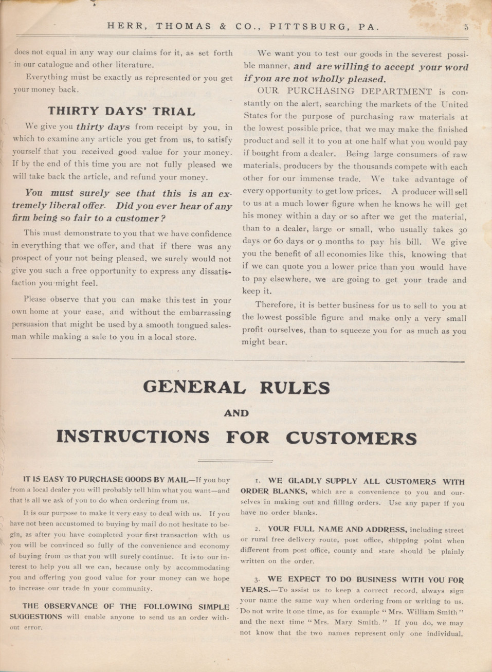 "General Rules and Instructions for Customers," Herr, Thomas & Co.