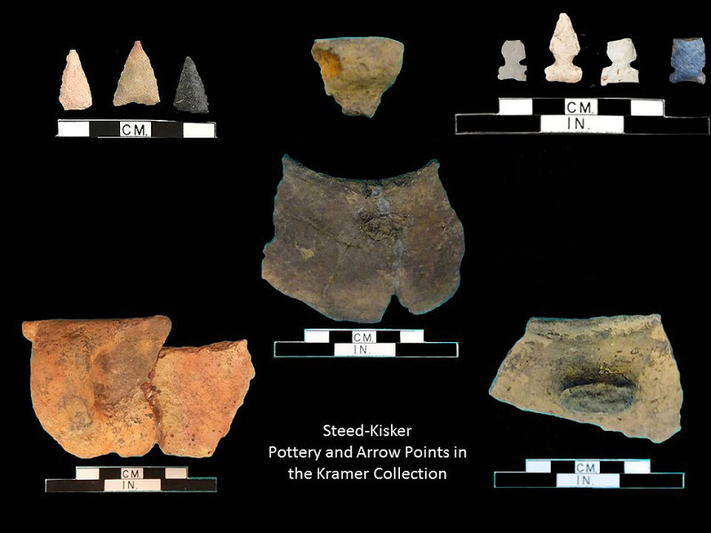 A collection of Late Prehistoric (Steed-Kisker phase) chipped stone tools and potsherds from the Kramer sites.
