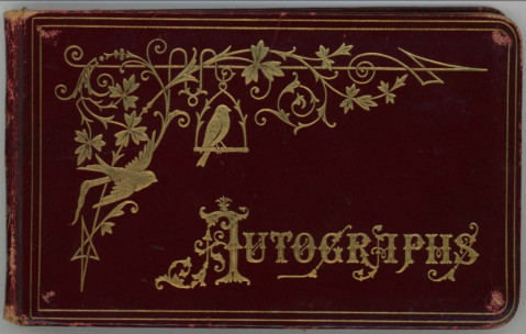 Frankie's autograph book cover, maroon with gold lettering and gold birds