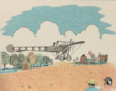 Drawing of Clyde Cessna flying his first plane, Silverwings, over his family farm.  Courtesy of Kansas Aviation Museum