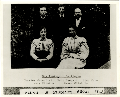 Klein's five students, 1893. Mary is seated at left. Courtesy Photographs, 1890-1936. Mary Frances Winston papers, Sophia Smith Collection, SSC-MS-00213, Smith College Special Collections, Northampton, Massachusetts.