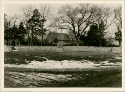 Bluemont Central College stone marker on the original site of the college, c. 1929. (Image courtesy of Morse Department of Special Collections, Kansas State University Libraries)