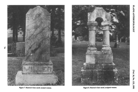 Two headstones with motif of Heaven's Gate. (Image from "Cherished are the Dead" Moore, Blake, & Smith 1991)