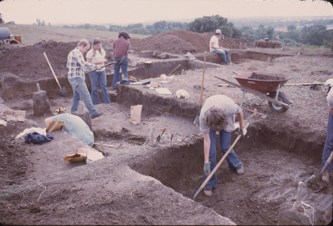 Students excavating a portion of the Witt lodge site, c. 1973-74
