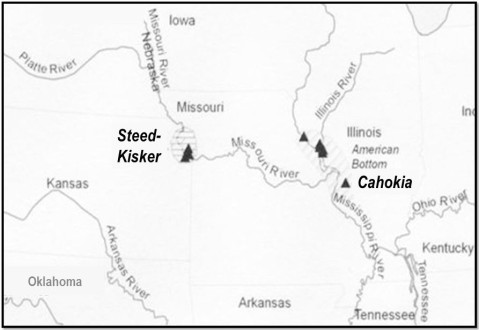 Map showing the geographical relationship between Steed-Kisker archaeological sites and the contemporaneous Cahokia city. (Modified from D. Shaver 2012)