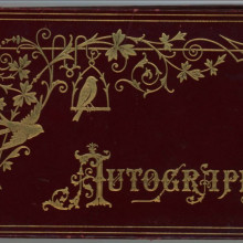 Frankie's autograph book cover, maroon with gold lettering and gold birds