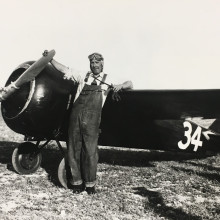 Race Pilot Roy Liggett stands with the CR2, "Miss Wanda" Race plane in 1933.  Courtesy of the Kansas Aviation Museum.
