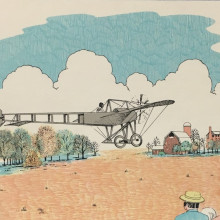 Drawing of Clyde Cessna flying his first plane, Silverwings, over his family farm.  Courtesy of Kansas Aviation Museum